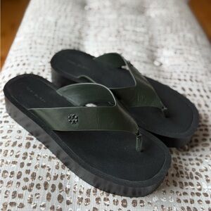 Tory Burch Dark Green Leather Platform Flip Flops